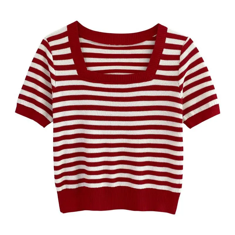 Summer New Round Neck Short Sleeve T-shirt Women Striped Contrast Color Ice Silk Fabric Pullovers Sweet Thin Style Knitting Tee