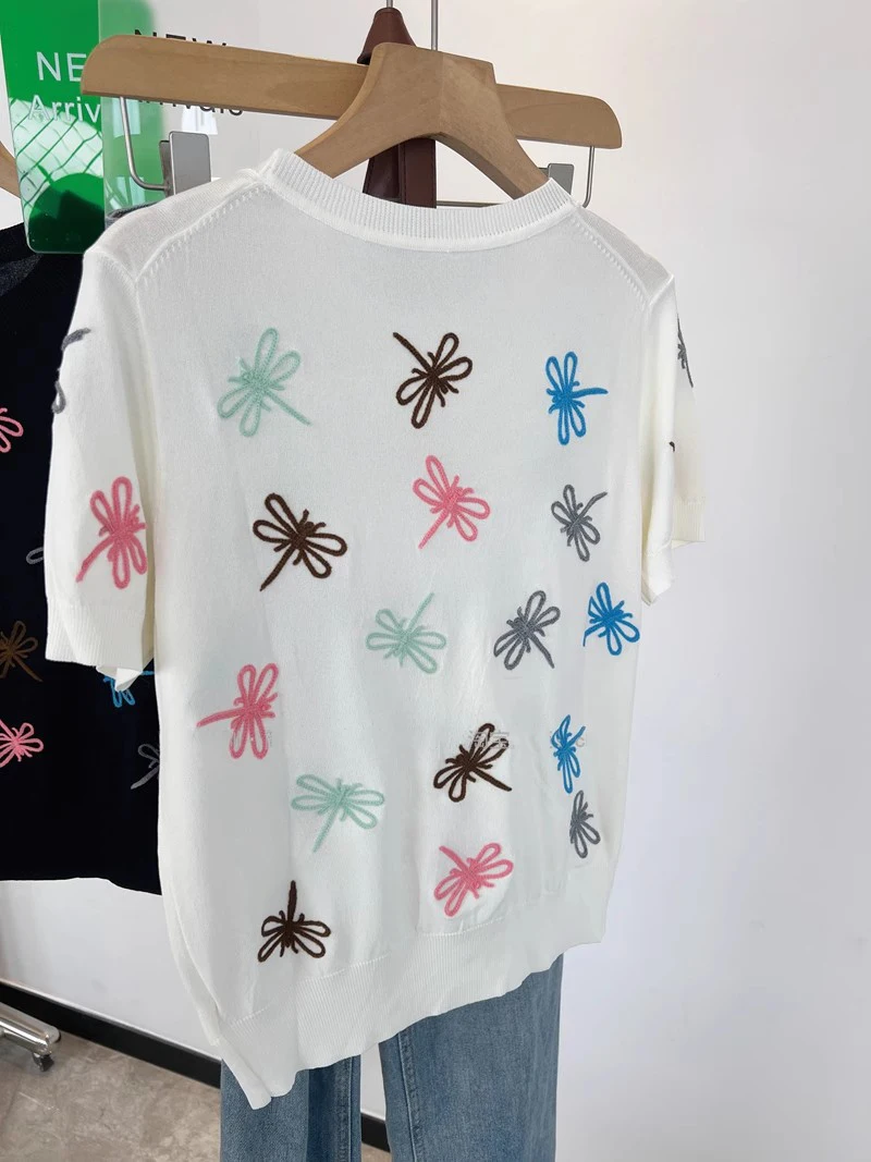 Women\'s Loose Round Neck Crochet T-shirts Sleeve Rainbow Color Dragonfly Embroidery T-shirt Summer Tops High Quality  B-058