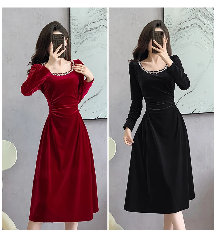 2023 New Autumn Winter Red Velvet Evening Dress France Elegant Women Diamonds Square Collar Slim Waist Velour Party Midi Vestido