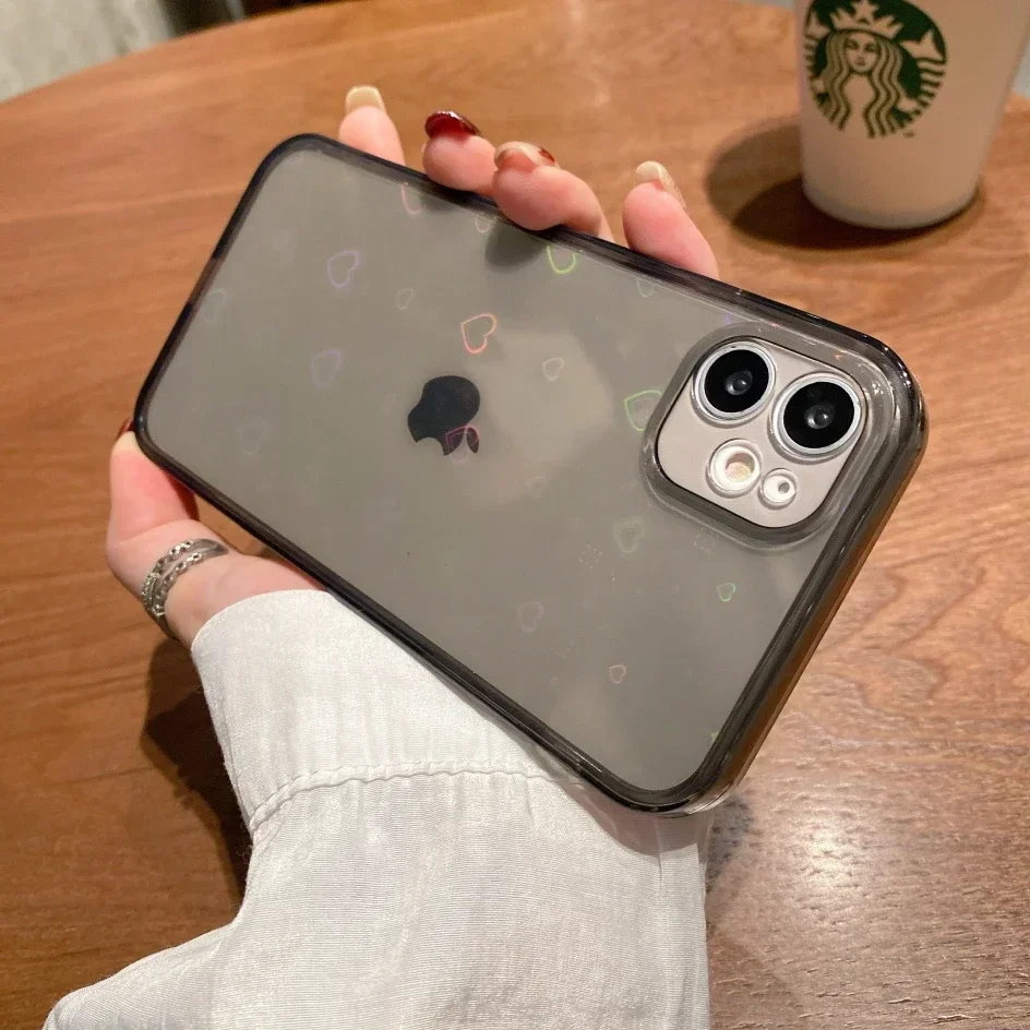 Transparent Case With Hearts For iPhone 16 15 14 13 12 11 Pro Max XR 7 8 14 Plus XS SE Soft Colorful Laser Cover Flower Cases