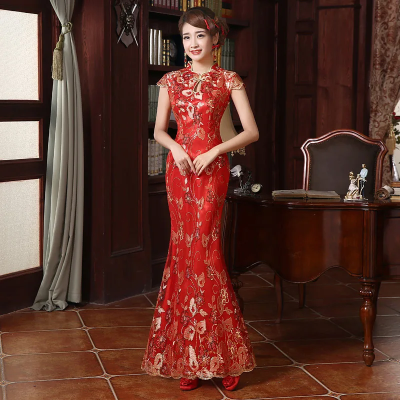 chinese new year women clothes embroidery long dress red chinese mermaid tail wedding party lace cheongsam qipao plus Size hanfu