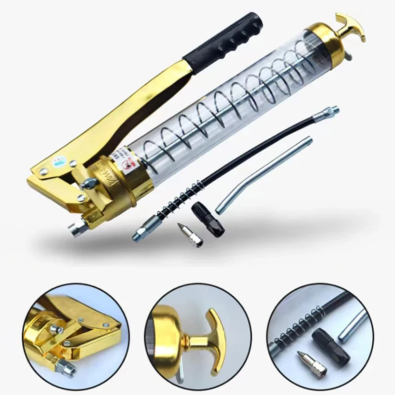 Manual Grease Gun 900CC Double Pressure Rod Gold Paint Transparent Barrel Body Double Piston Is More Labor-saving