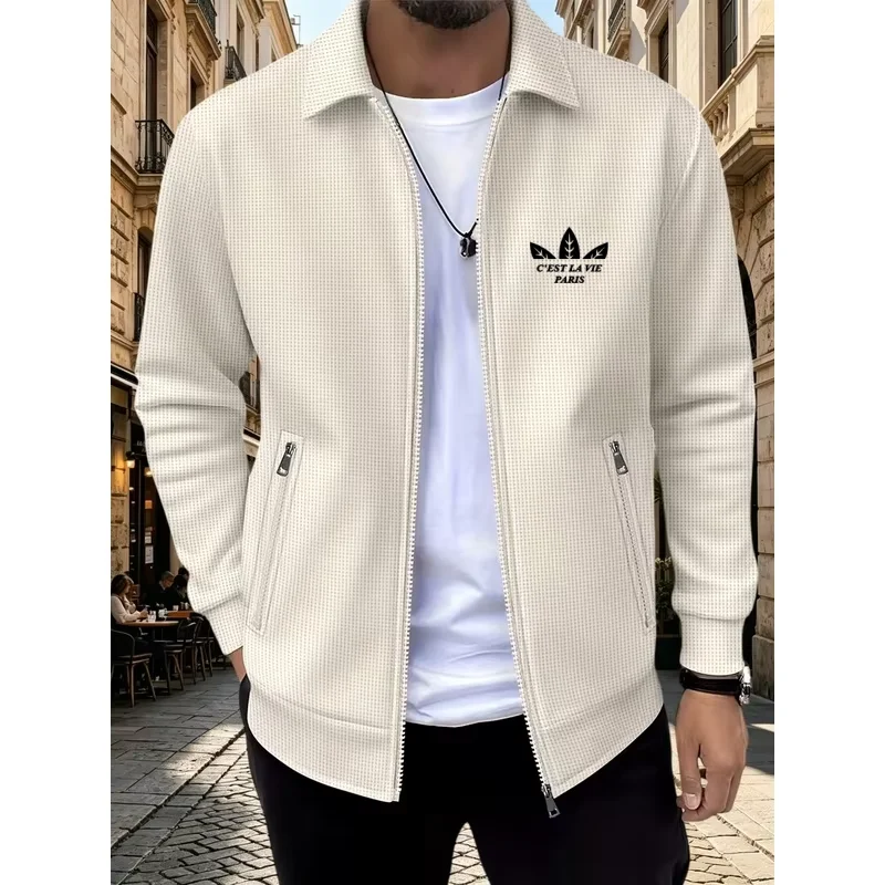 2026 Spring Autumn Men Lapel Collar Waffle Knit Full Zip Jacket Leaf Letter Graphic Side Zipper Pockets Casual Outer Garment