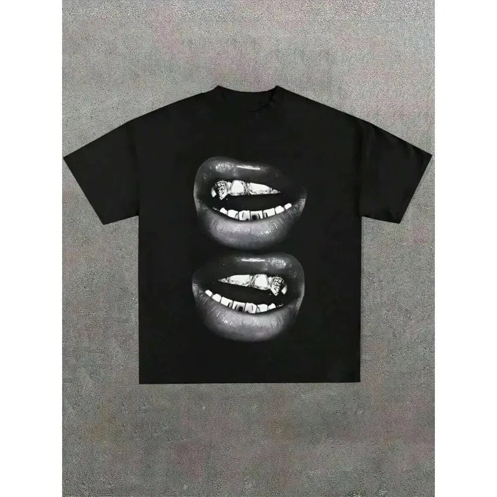 Barbecue Lip Print Fun Hip-hop Street T-shirt Casual Soft Pure Cotton Trendy Unisex Printed Casual Daily Top T-shirt