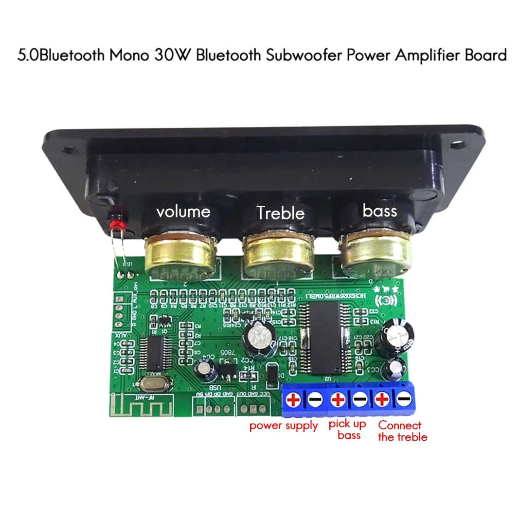 30W Bluetooth 5.0 Power Amplifier Board with DC Female Cable+USB Cable+Remote Control Mono Subwoofer Amplifier Board Kit