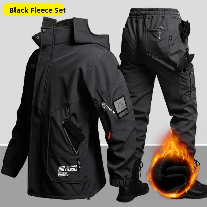 Men's Fleece Lined Waterproof Soft  Workwear Riding Outerwear Tactical Gear Autumn Winter Thermal Protective Suit Set