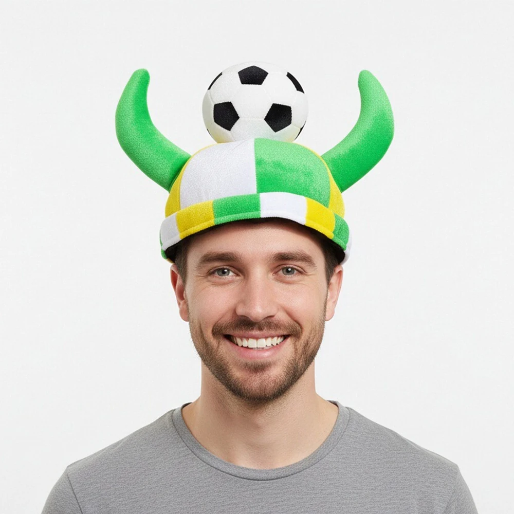 

Soccer Ball Plush Costume Hat Football Hat Cow Horn Hat Sport Event Soccer Match Fan Apparel Easter Halloween Party Carnival Cap