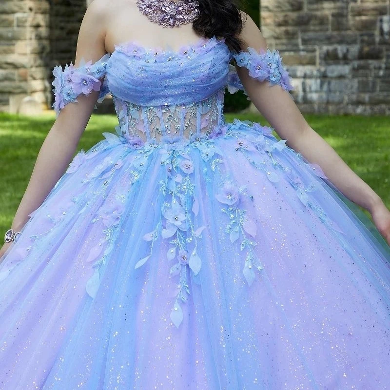 Lavanda glitter fora do ombro vestidos quinceanera vestido de baile princesa applique rendas contas tull aniversário doce 16 vestido de