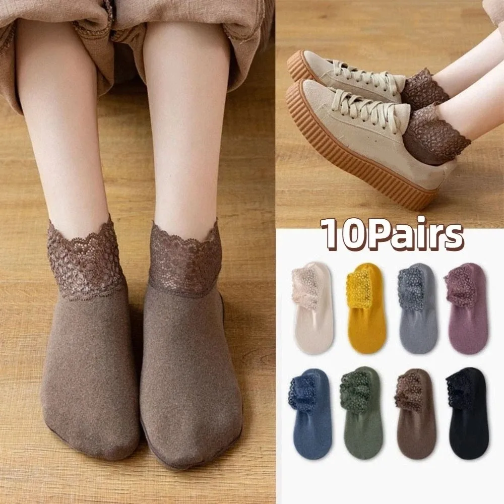 

10Pairs Fashion Solid Color Winter Floor Shoes Thicken Non-slip Lace Socks Indoor Female Warm Socks Women