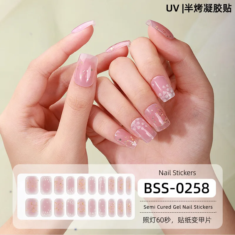 20 Strips Semi Cured UV Gel Nail Stickers Scallion Powder Bronzing Phototherapy Nail Patches Full Paste Decals UV Lamp Need