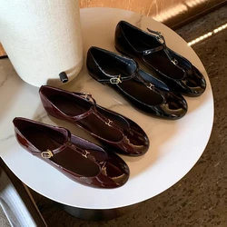 T-strap Mary Janes Shoes Women Patent Leather Elegant Black Ballet Flats Shoes Female Shiny Glossy Buckle Strap Pumps Loafers