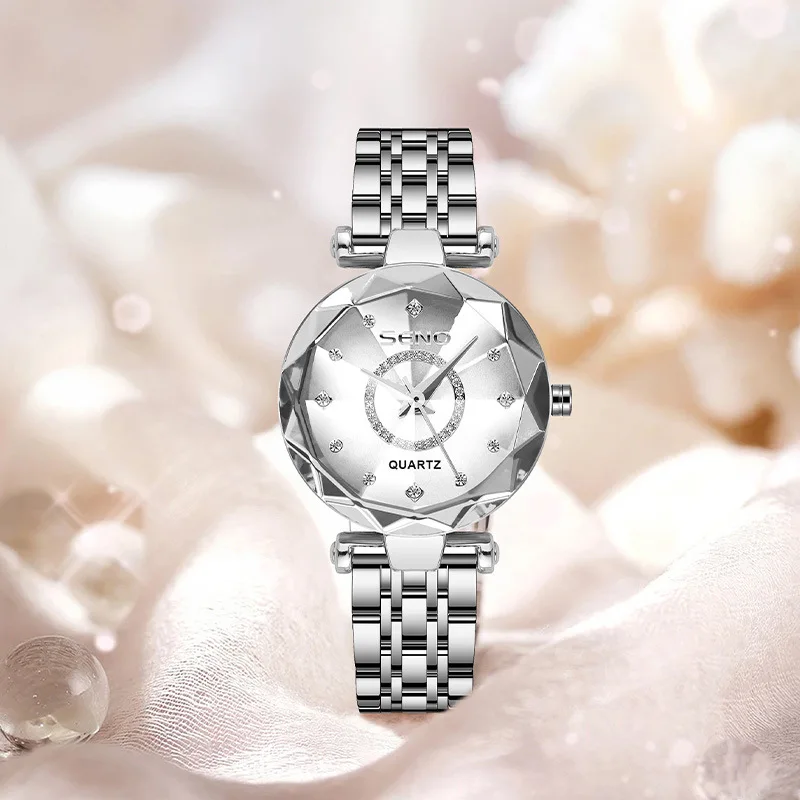 Heart of the Ocean Light Luxury Watch Diamond Brilliant Multi-faceted Glass Solid Steel Band นาฬิกากันน้ําสําหรับผู้หญิง