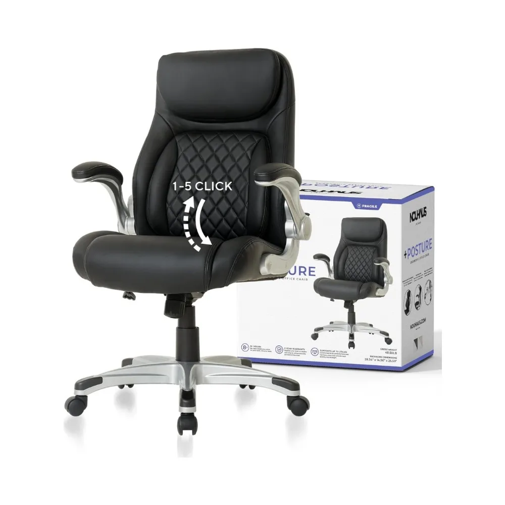 

Ergonomic PU Leather Office Chair. Click5 Lumbar Support with FlipAdjust Armrests. Modern Executive Chair and Computer Desk