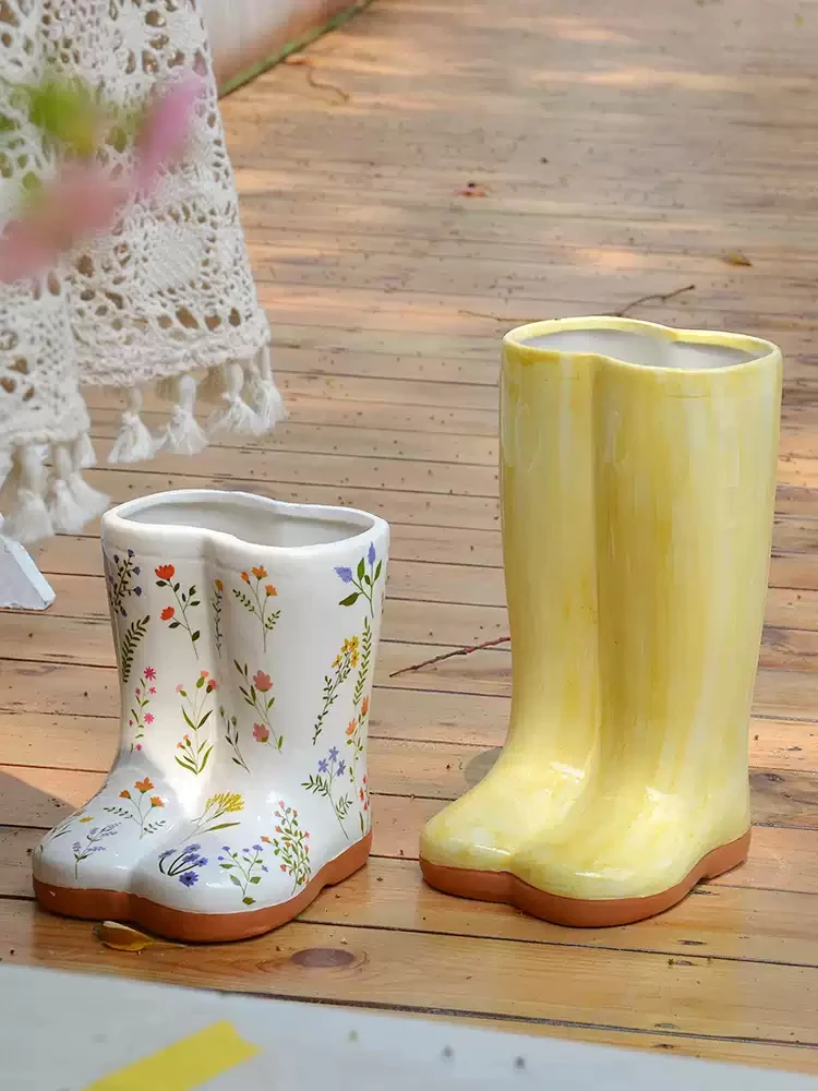 Ceramic Rainboot Vase Yellow White Flower Wellington Boot Shaped Indoor Plant Pot Outdoor Planter Freestanding Umbrella Stand