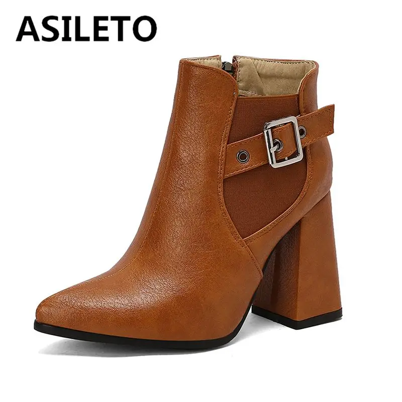 ASILETO Luxury Female Ankle Boots Pointed Toe Chunky Heel 10cm Zipper Belt Buckle Large Size 48 49 50 Classic Daily Women Bota