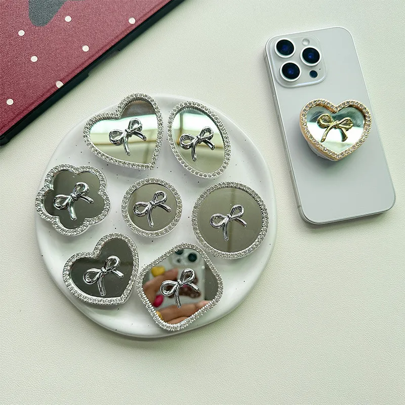 

Diamond Heart Mirror Bow Mobile Phone Stand Holder Grip Fold Tok Support For IPhone 15 16 Phone Tablet Accessories Stand Holder