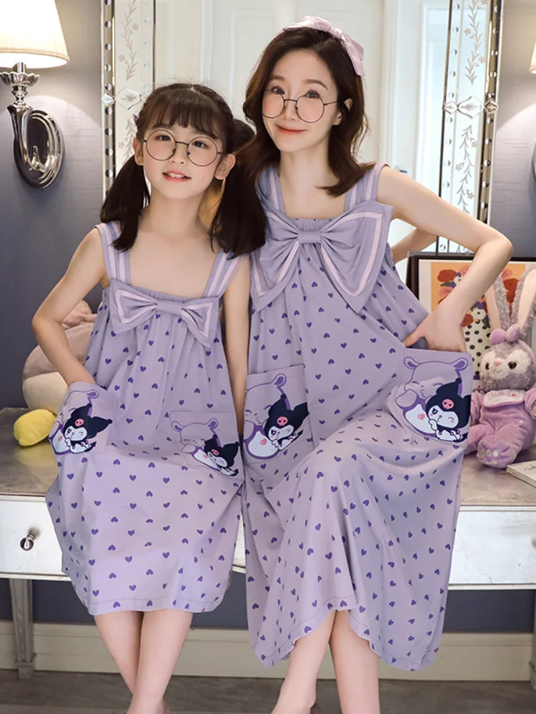 

Ночная рубашка Kuromi, детские пижамы из чистого хлопка для девочек, летнее тонкое милое платье для девочек, юбка на подтяжках для мамы и дочки Sanrio