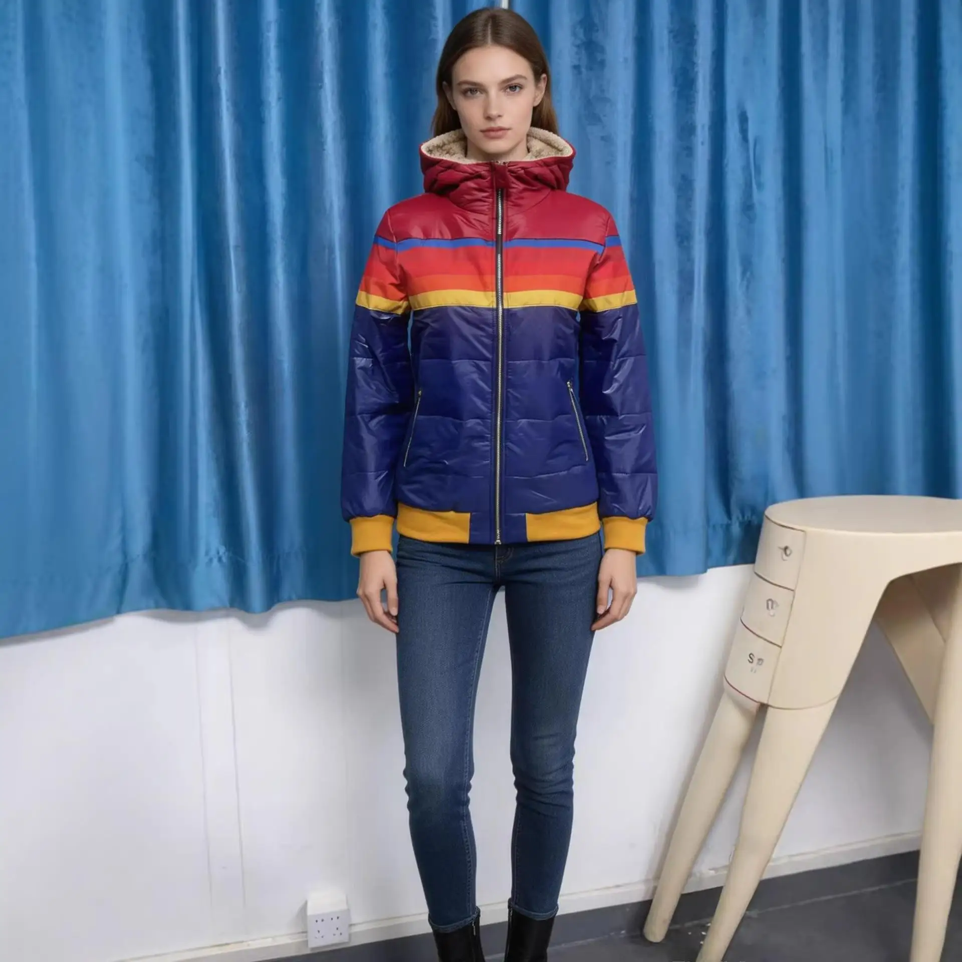 

Women's Hooded Printed Short Cotton Jacket Rainbow Pattern Long Sleeve Ultra-Thin Winter Coat Children's Clothing