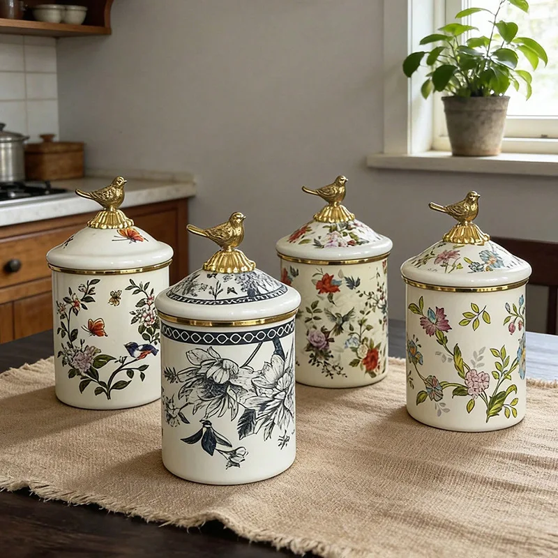 Thickened Enamel Miscellaneous Grain Storage Tank Cartoon Bird Top Cover Sealed Moisture-proof Coffee Tank Kitchen Storage Tank
