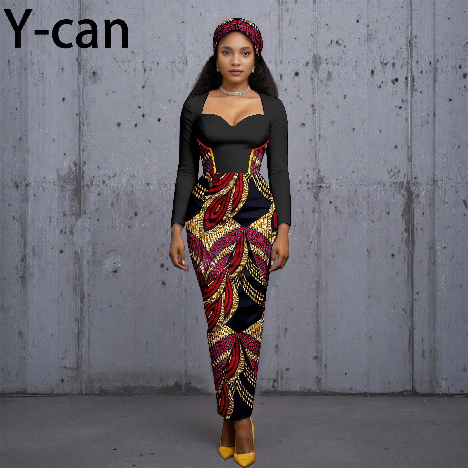 

African Maxi Dress for Women Heart-shaped Collar Long Sleeves Gown with Headscarf Party Wedding Festival 2625027