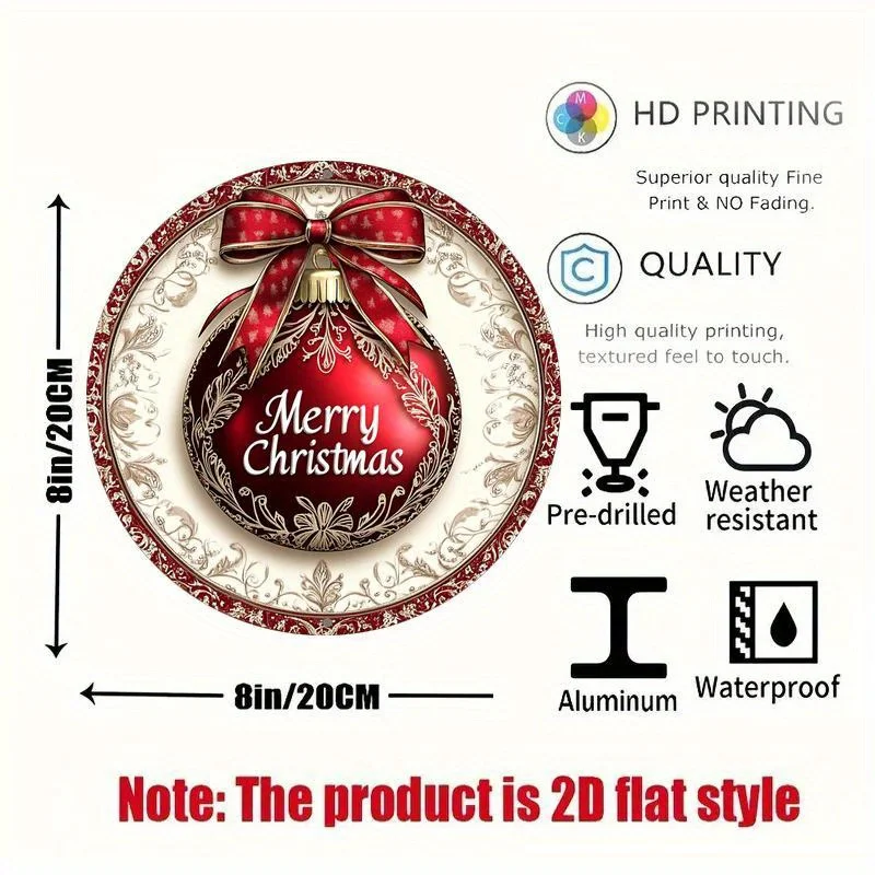 Retro Christmas Bauble Bow Round Metal Tin Plaque, Merry Christmas Floral Scroll Art Wall Sign, Cottage Porch Home Holiday Winte