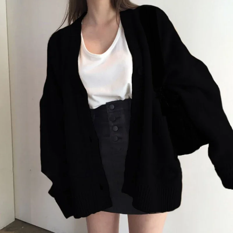 2024 Autumn Women's Sweater Fashion V-neck Vintage Knitted Cardigan Korean Loose Solid Sweaters Female