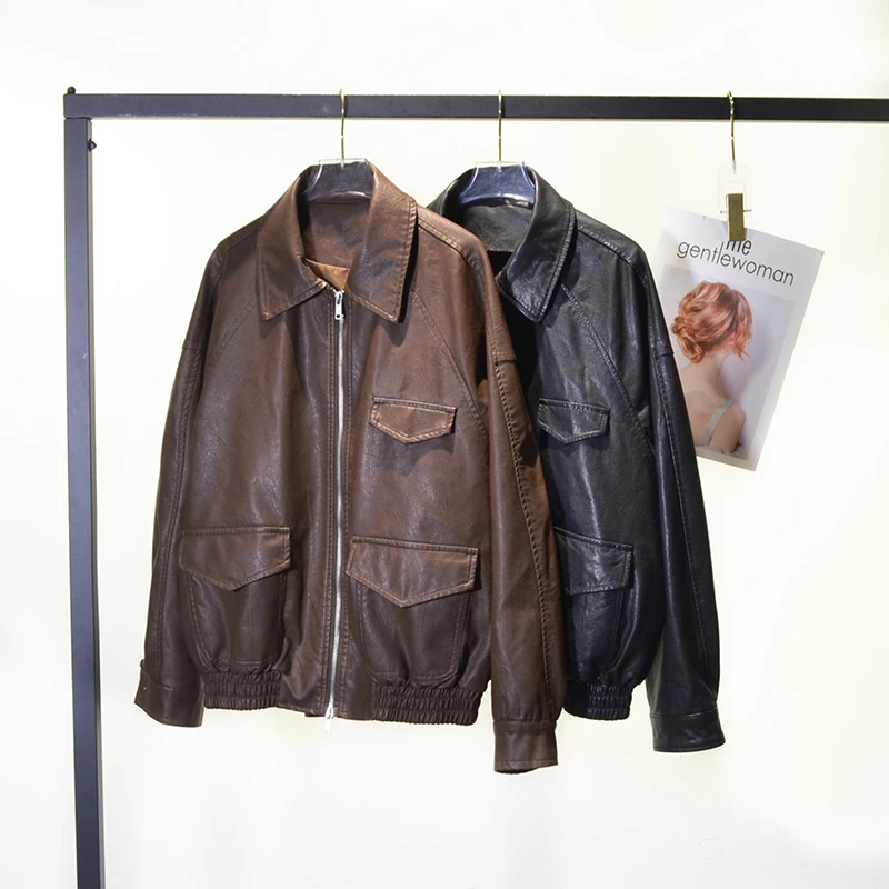 女性のシープスキンコート秋冬女性メイラードカラージッパーポケットルーズショートリアルレザーボンバージャケットジャッケンダム