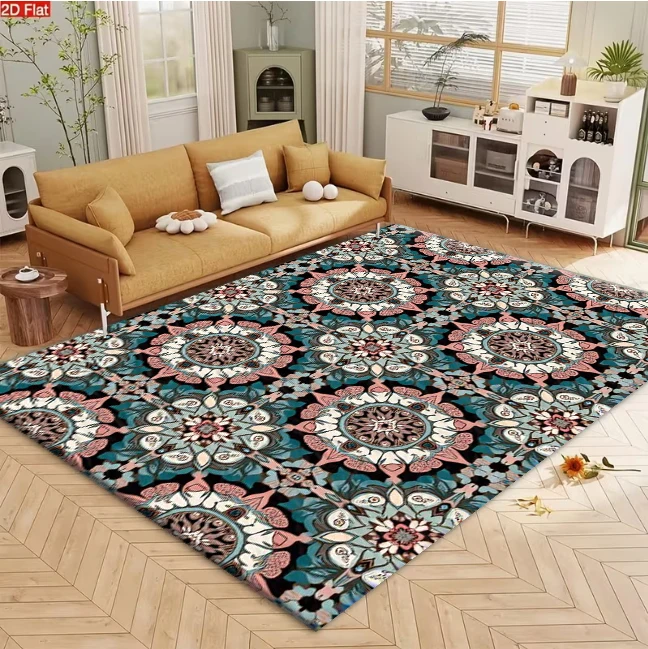 Vintage Mandala Floral Seamless Pattern Carpet Flooring, Bohemian Non-Slip Area Rug for Living Room Bedroom Home Decor