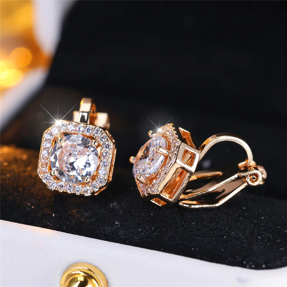 Kristall Runde Stein Clip Ohrringe Für Frauen Rose Gold Silber Farbe Weiß Grün Blau Zirkon Schmuck Einfache Mode Geschenke
