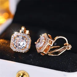 Crystal Round Stone Clip Earrings For Women Rose Gold Silver Color White Green Blue Zircon Jewelry Simple Fashion Gifts