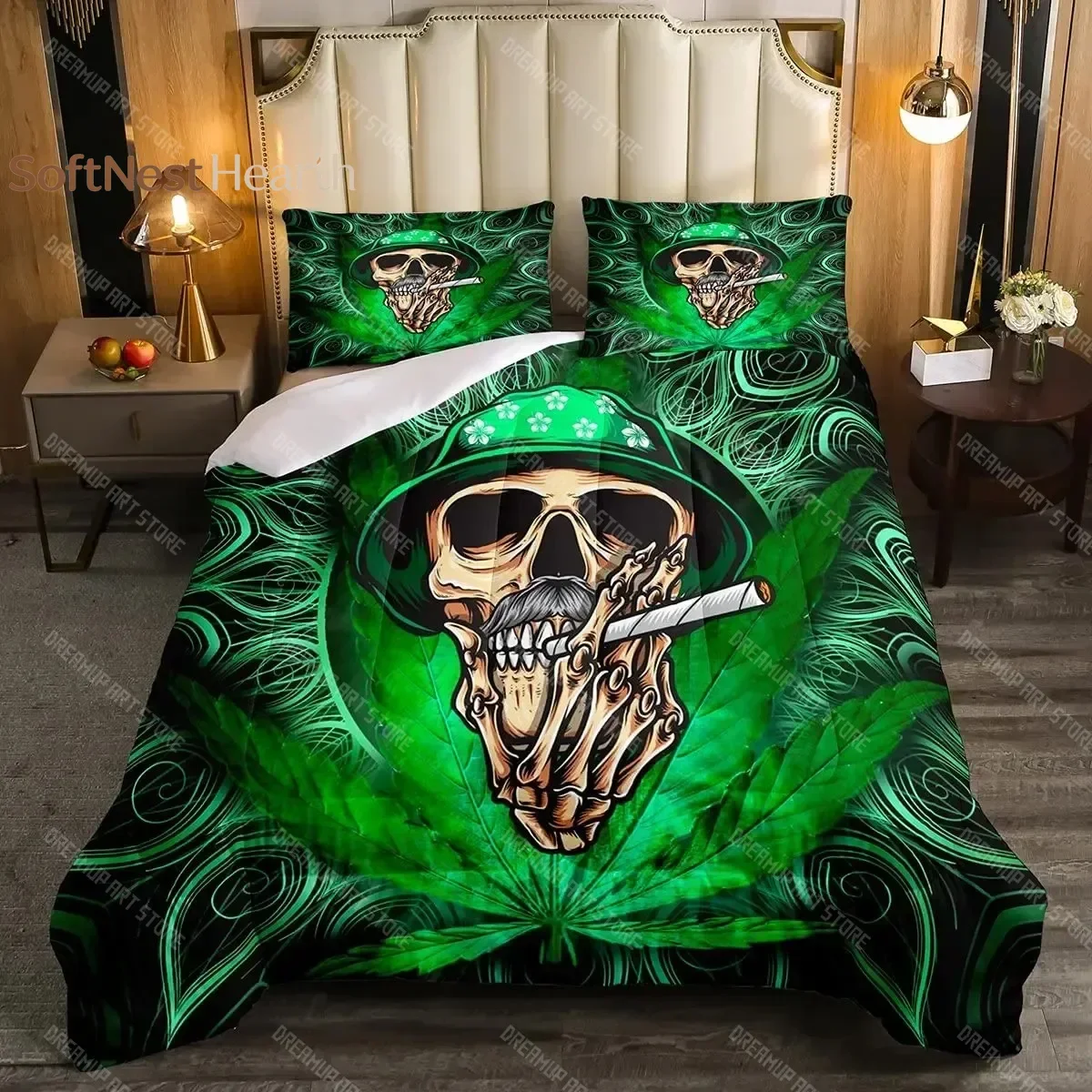 2026 Marijuana Weed Leaf Boys Duvet Cover Set Skull Comforter Cover Set Green Cannabis Bedding Set Gothic Bones Bedspread Cover