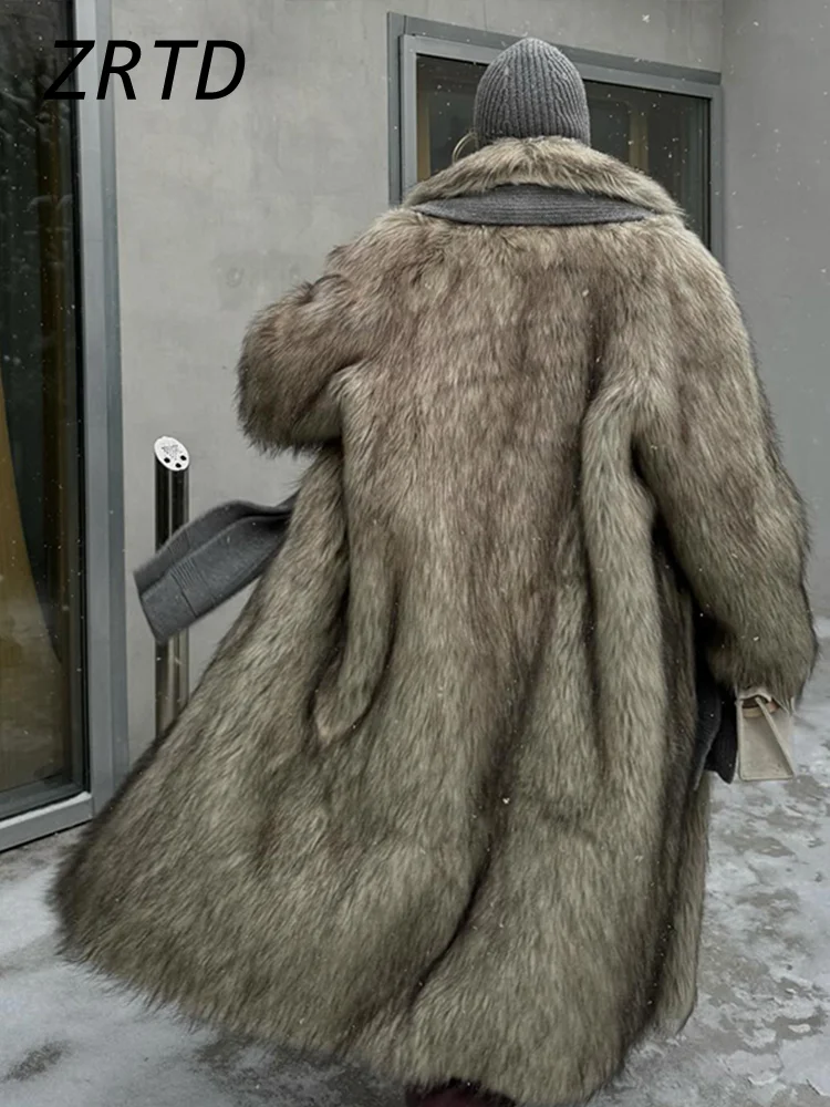 Luxe Vrouwen Pluizige Lange Nepbontjas Straat Revers Volledige Mouw Vrouwelijke Pluche Overjas 2024 Winter Dame Losse Dikker uitloper