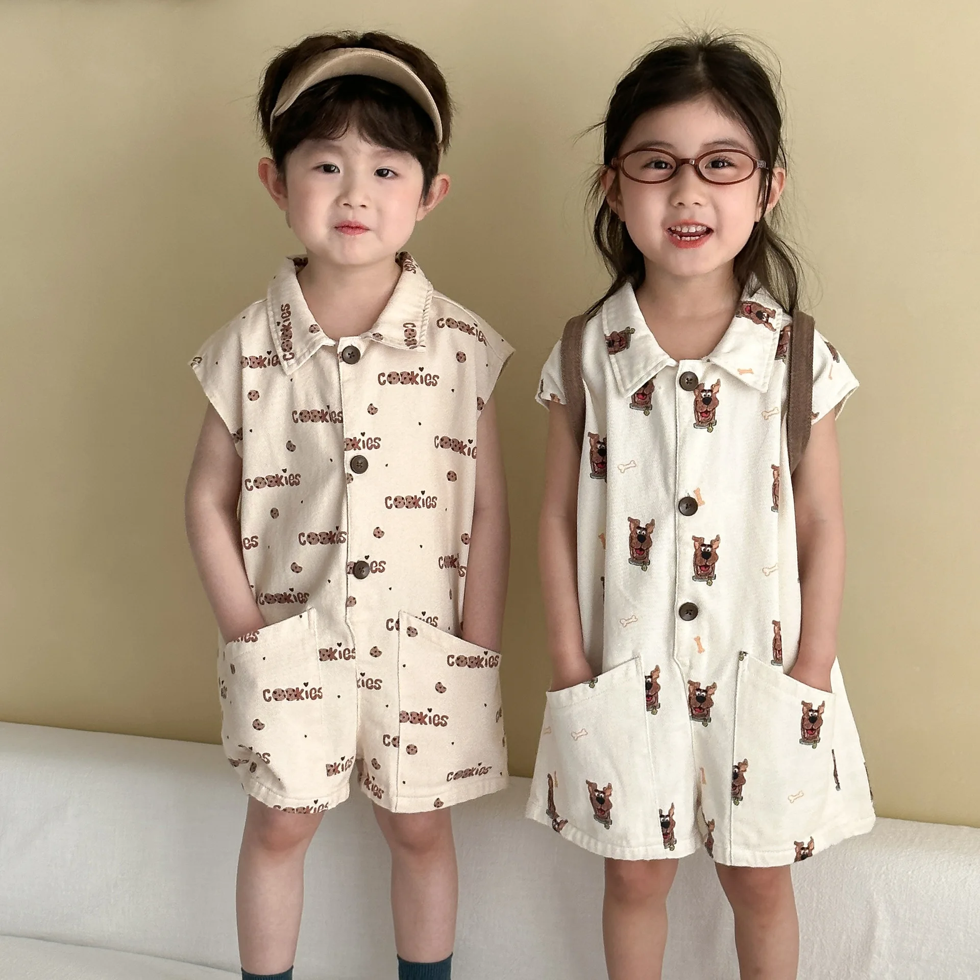 

2025 Summer Kids Jumpsuit Loose Cartoon Printed Pure Cotton Childrens Boys Overalls One Piece Shorts For 1-10 Years Girls