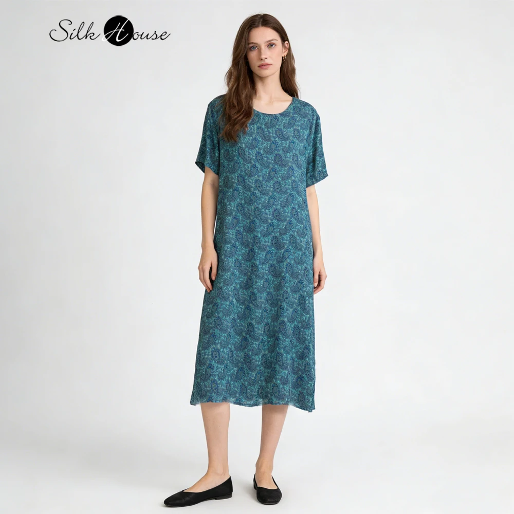 

Plus Size Summer New Retro Small Floral 100% Natural Mulberry Silk Double Layer Georgette Women's Round Neck Short Sleeve Dress