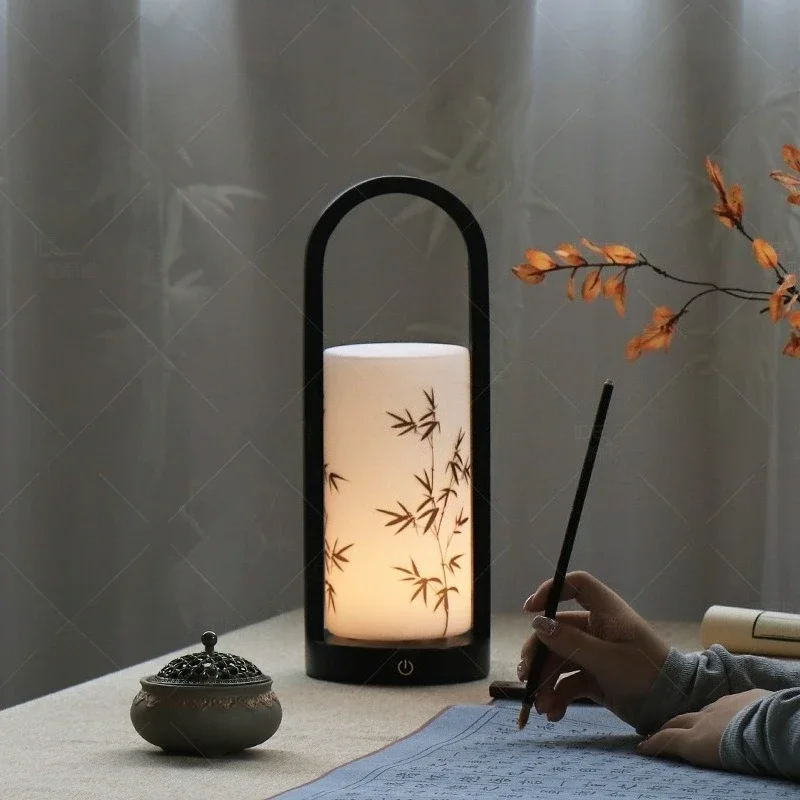 신형 중국식 책상 램프 침실 침대 옆 탁상용 젠 고급 감각 충전 리모컨 수면 분위기 솔리드 우드 휴대용