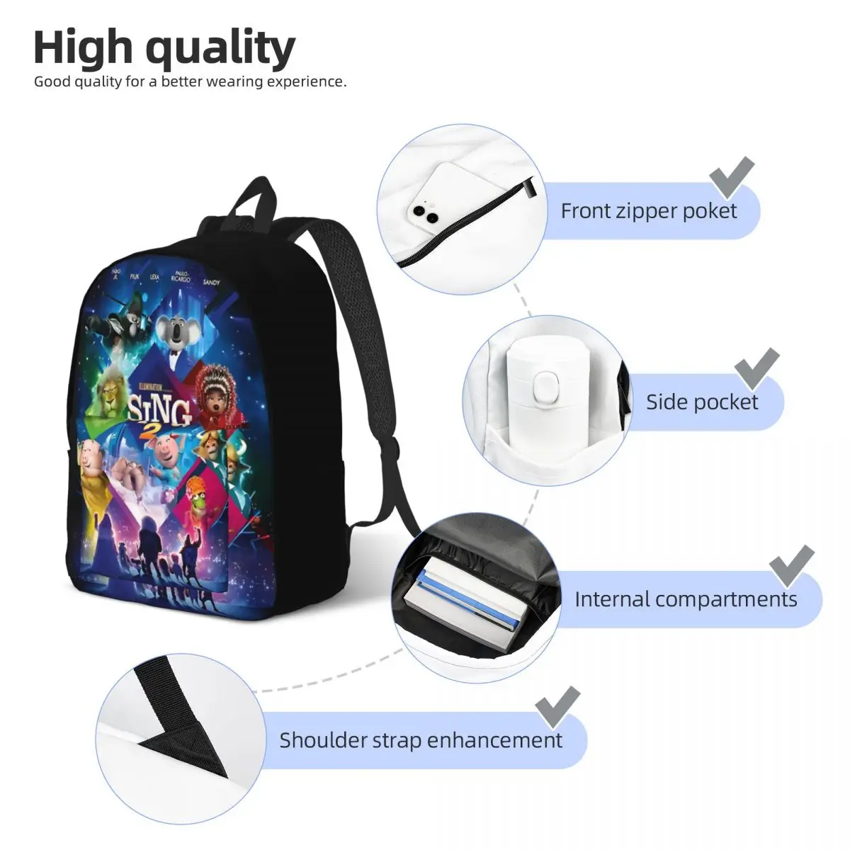 Movie Sing 2 for Men Women Student School Bookbag Animation Cute Rocstar Song Daypack Middle High College Hiking