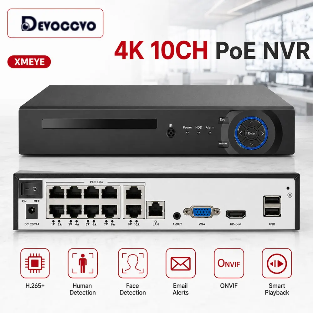 XMEYE Face Detection 10CH 4K POE NVR For 8MP IP CCTV Security Surveillance Camera Network Video Recorder Compatible 4CH 8CH