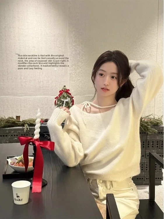 سترة محبوكة وردية فضفاضة بأكمام طويلة للنساء، تصميم جديد لخريف وشتاء على الطراز الكوري، أنيقة مع حزام، ناعمة ومريحة #3