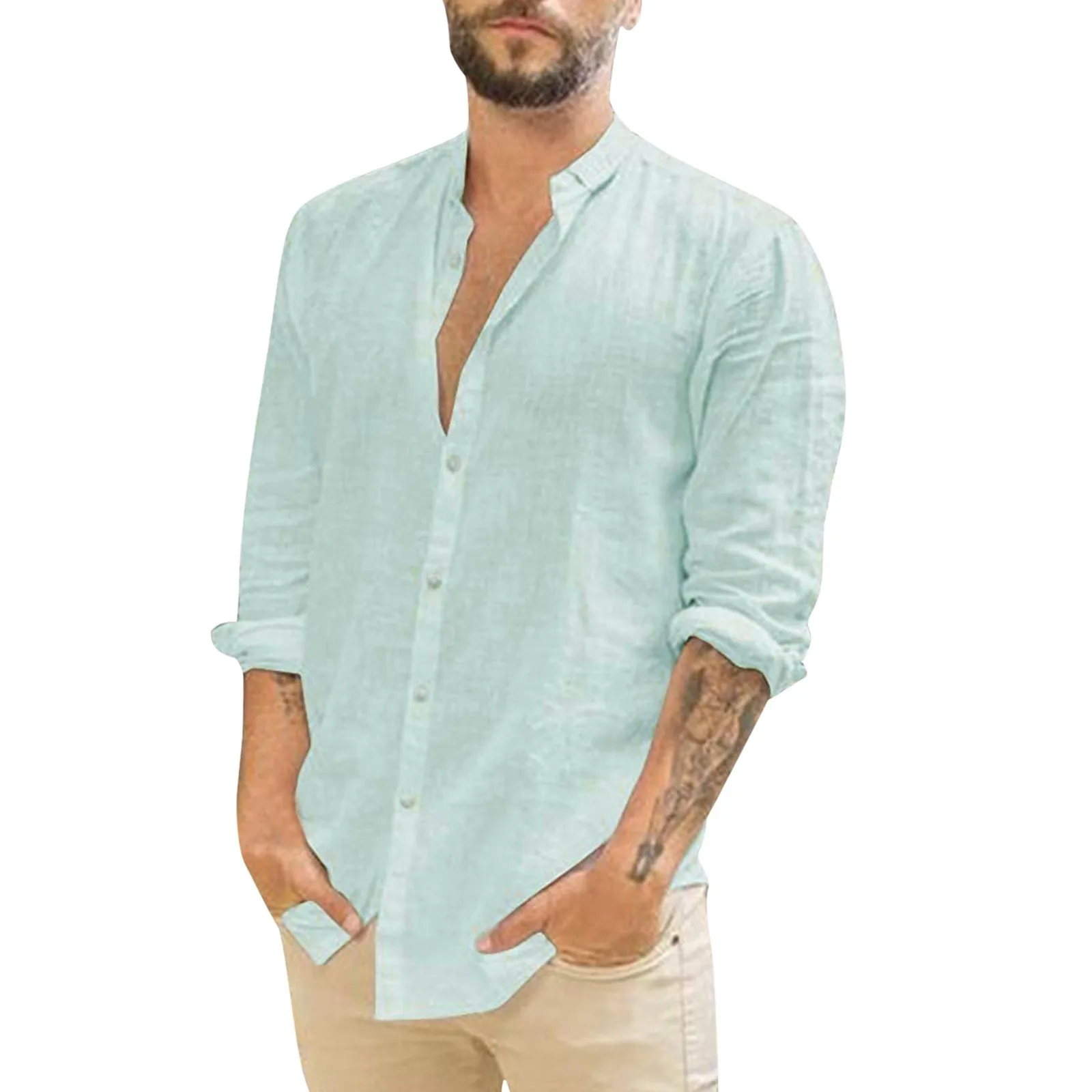 

Cotton And Linen Men's Shirts Summer Solid Color Turndown Collar Long-Sleeved Casual Tops Beach Style Plus Size Loose Shirt