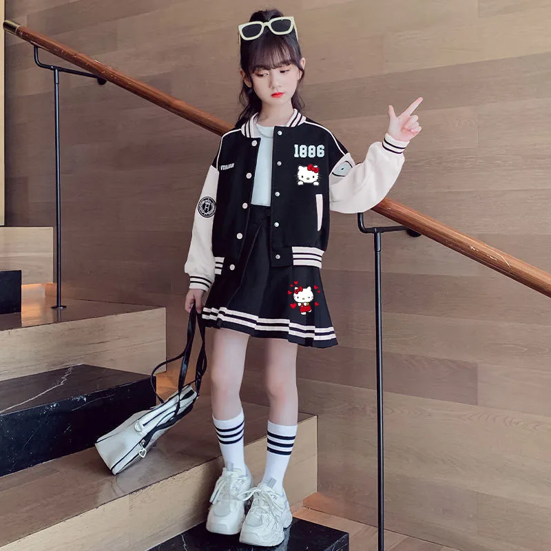 Hello Kittys Autumn Girls Clothes Baseball Jacket Uniform Coat Pleated Skirt 2Pcs Letter Suit Kuromi Kids Teenage Striped Sets