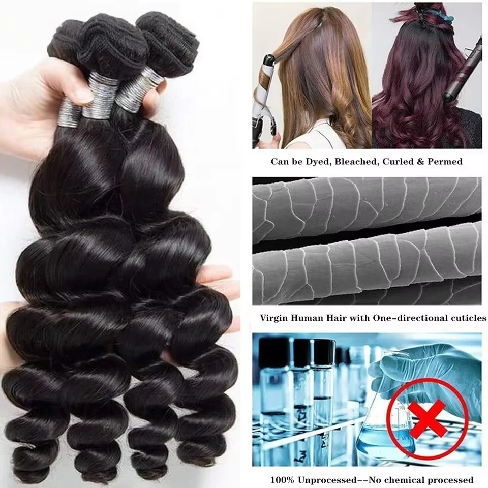 14A Loose Wave Bundles Human Hair Extensions Brazilian Hair Weave Tissage Cheveux Human Double Weft Wave 1 3 4 Bundles Natural Black Color Raw Virgin Hair Bundle For Black Women