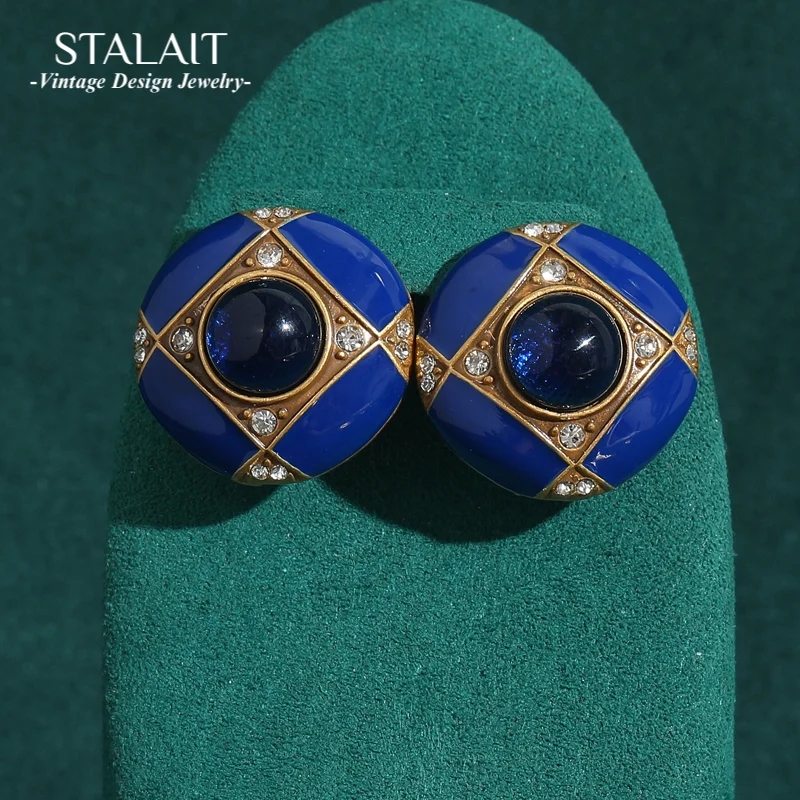 

Blue Antique Studs Earrings Jewelry Making Retro Round Royal Gold Color Geometry For Women Gift Vintage New Accessories Wedding