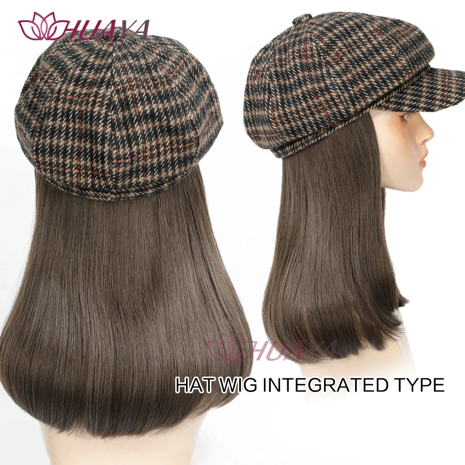 HUAYA Straight Hair Hat Wig Integrated Style Medium Length Hair Beret Autumn And Winter Knitted Hat Synthetic Wig Women