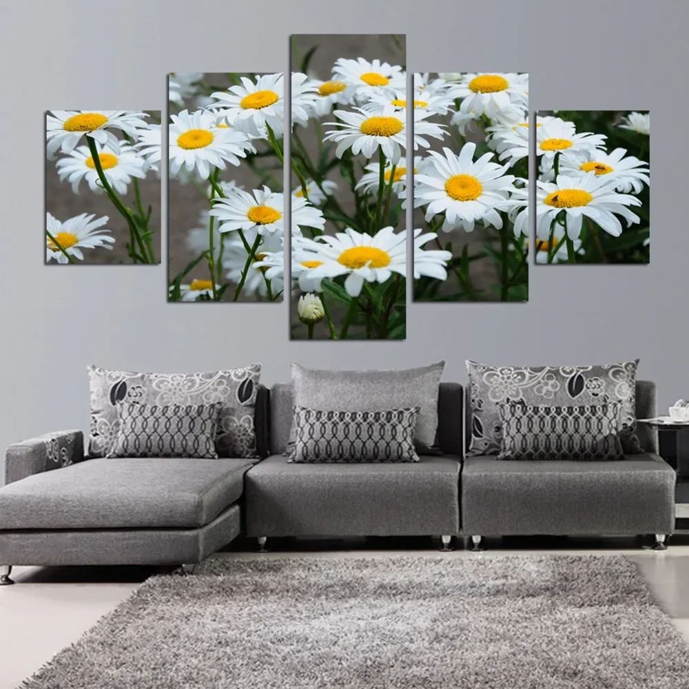 5Panel White Daisy Flowers Paintings HD Print Posters Canvas Wall Art Pictures Accessories Decoration Living Room Home Decor