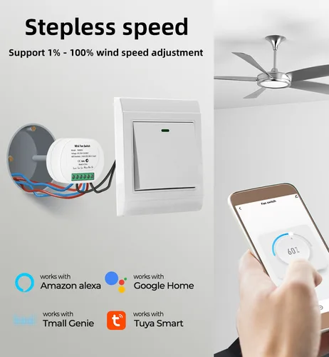 Imagen 2 del producto Tuya Wifi ventilador de techo inteligente interruptor de velocidad UE 220V Mini módulo de encendido y apagado de pared Control remoto eléctrico para Alexa Google Home