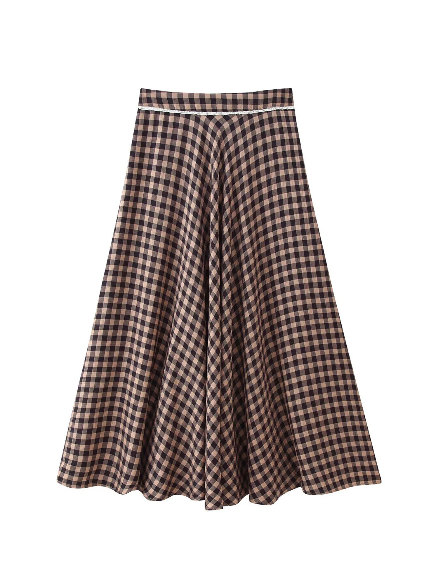 Women Khaki Long Plaid Skirt Vintage 2000s High Waist Mid Length Skirts Harajuku Y2k Gyaru A-line Skirt Summer 2026 Clothes New