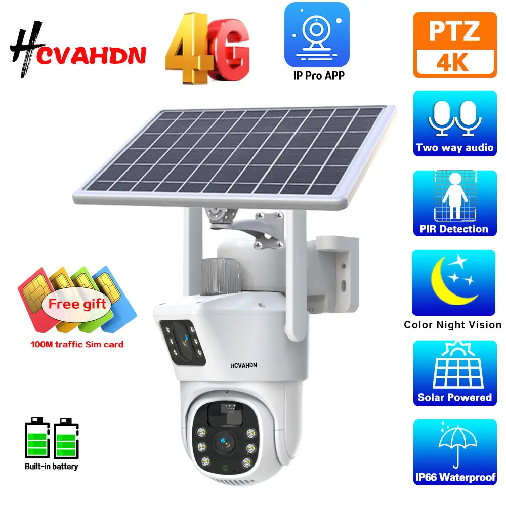 

4G Sim Solar Wireless Camera 8MP 4K Outdoor Low Powered Video Cam Color Night Vision 2 Way Audio CCTV IP Camara with Solar Panel