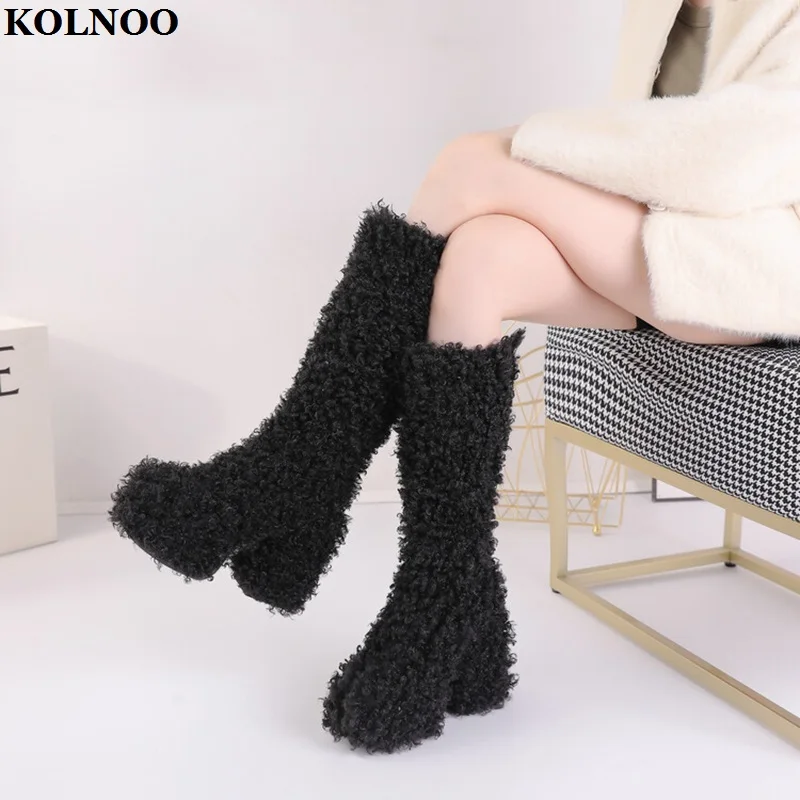 

Kolnoo 2022 New Arrival Handmade Women's Chunky Heel Boots Faux-fur Night-club Sexy Midcalf Booties Evening Fashion Winter Shoes