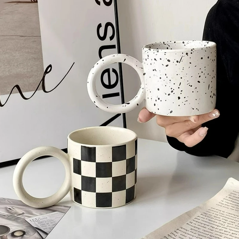 Creative Ceramic Cups Splash ink Coffee mugs Oversized Handle Milk Mug Checkerboard Ceramic Latte Cup Home Cafe Accessories