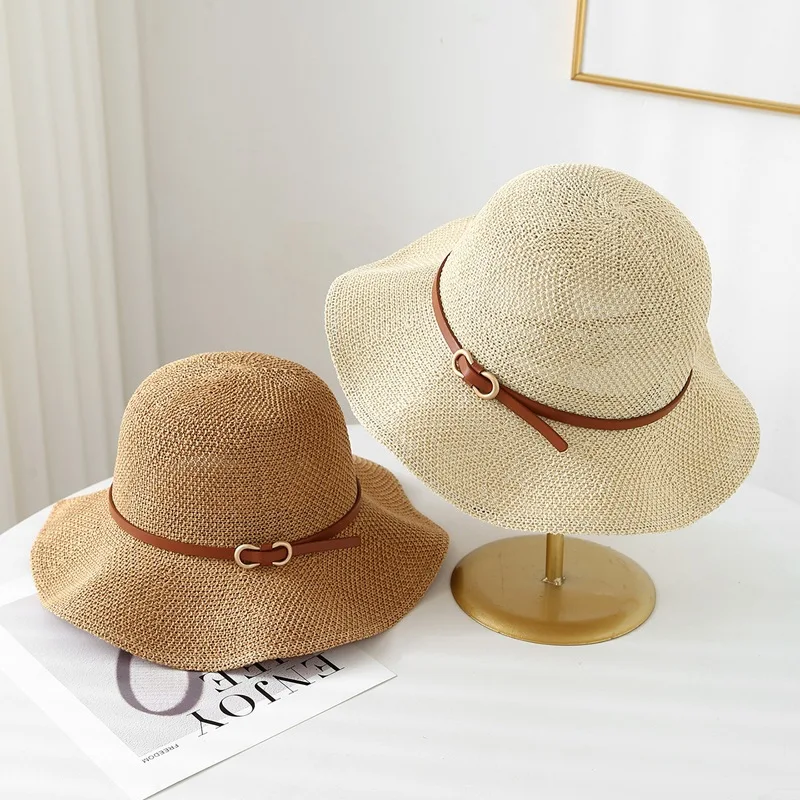 Simple Leather Buckle Wide-Brimmed Sunshade Straw Hat, Suitable for Women's Daily Commuting, Shopping, Travel, and Beach Use. Breathable Sun Protection Fisherman's Hat, Foldable and Easy to Store